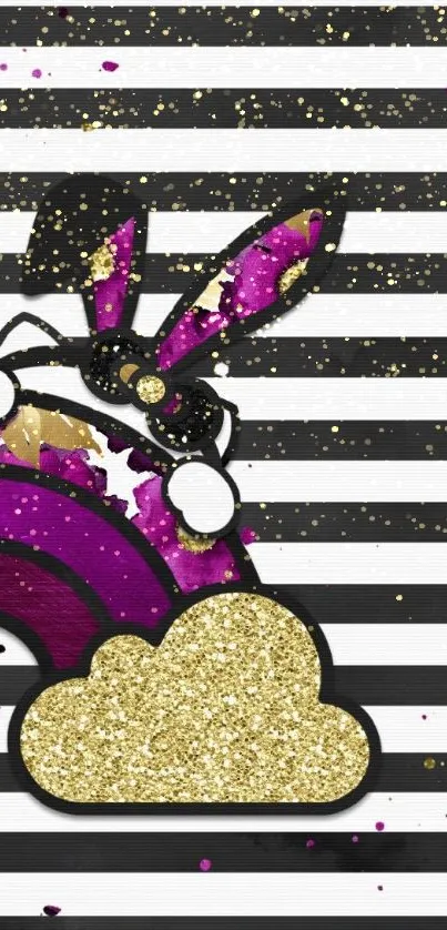 Vibrant wallpaper with bunny, rainbow, gold glitter, and stripes.