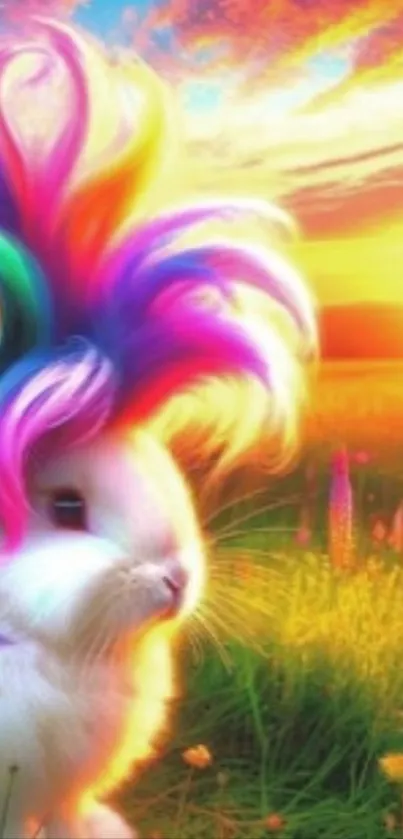 A colorful bunny at sunset in a vibrant landscape.