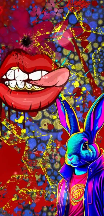 Colorful urban art wallpaper with a vibrant bunny and bold graphics.