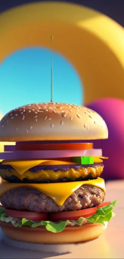 3D cheeseburger wallpaper with colorful abstract background.