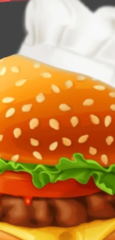 Vibrant digital illustration of a burger with sesame bun, lettuce, and cheese.