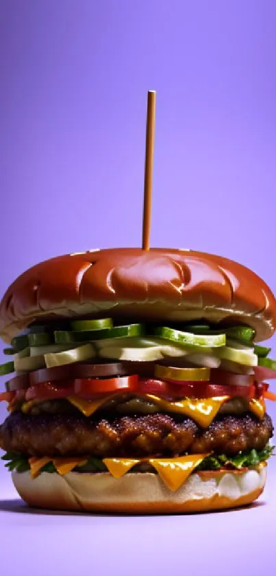 Vivid burger layered on purple background, perfect for phone wallpaper.