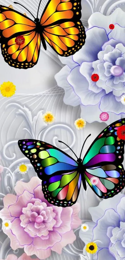 Vibrant wallpaper with butterflies and colorful flowers.