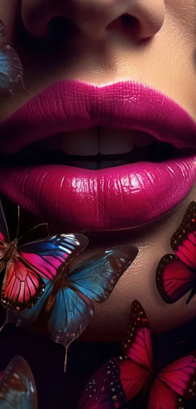 Vibrant pink lips with colorful butterflies in artistic wallpaper.