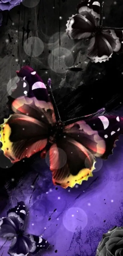 Vibrant butterflies and roses on a dark purple background.