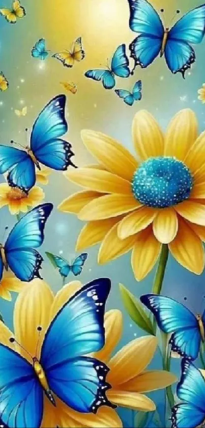 Blue butterflies and yellow flowers mobile wallpaper.