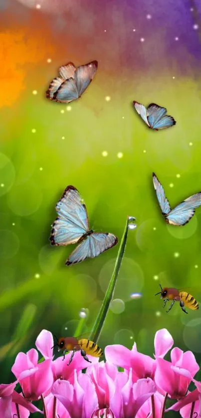 Vibrant mobile wallpaper with butterflies and pink flowers.