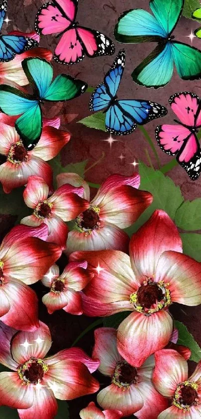 Vibrant red flowers with colorful butterflies on mobile wallpaper.