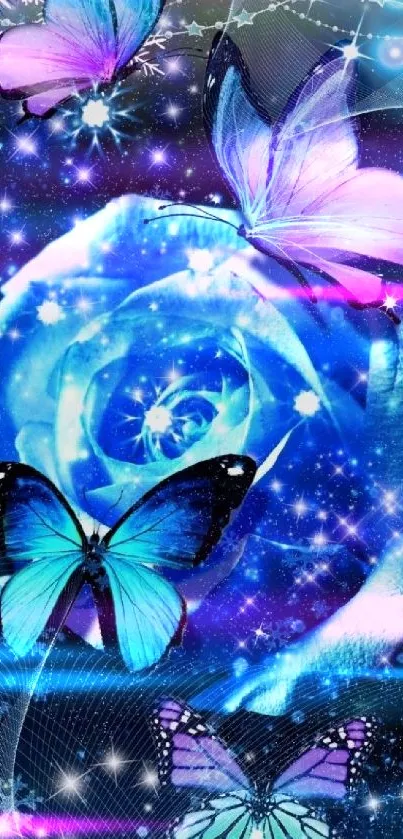 Blue rose and vibrant butterflies mobile wallpaper.