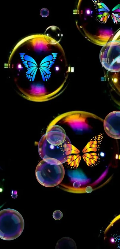 Colorful butterflies on dark bubbles wallpaper