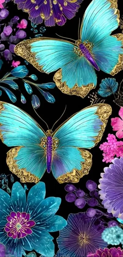 Turquoise butterflies and colorful flowers on black background wallpaper.