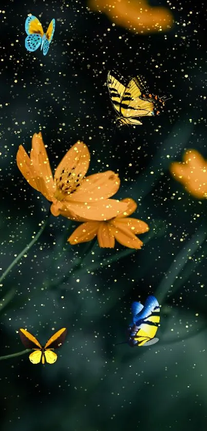 Colorful butterflies and orange flowers in a starry backdrop wallpaper.