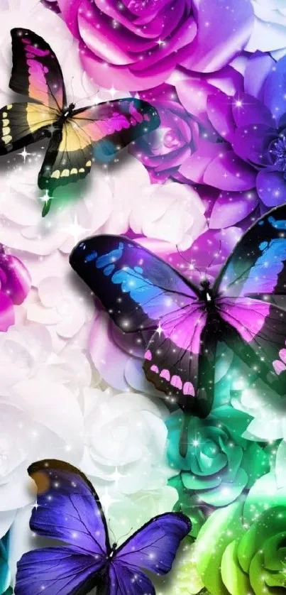 Colorful butterflies and vibrant roses create a captivating phone wallpaper.