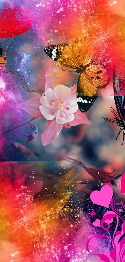 Colorful wallpaper with butterflies and hearts on a vibrant background.