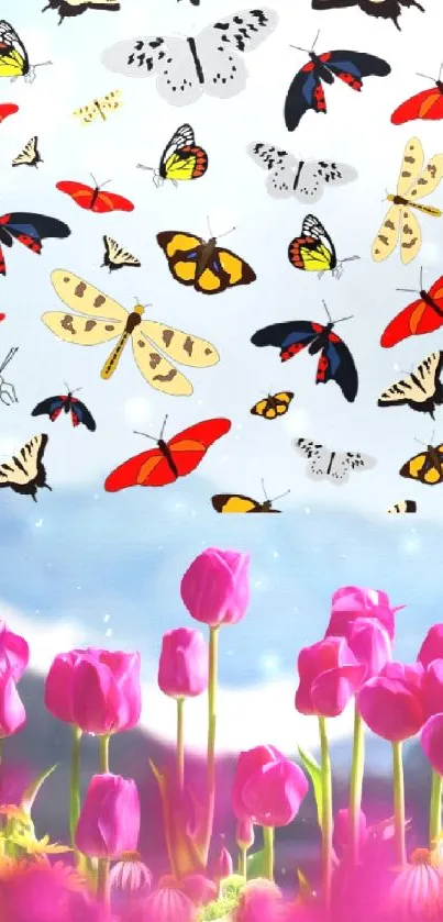 Vibrant butterflies flutter over pink tulips with mountain backdrop.