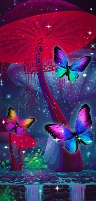 Vibrant butterflies soar beside glowing mushrooms in a neon fantasy world.