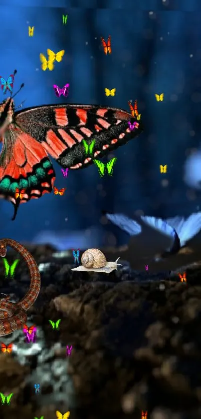 A fantasy wallpaper with colorful butterflies, a snake, and a snail on a forest floor.