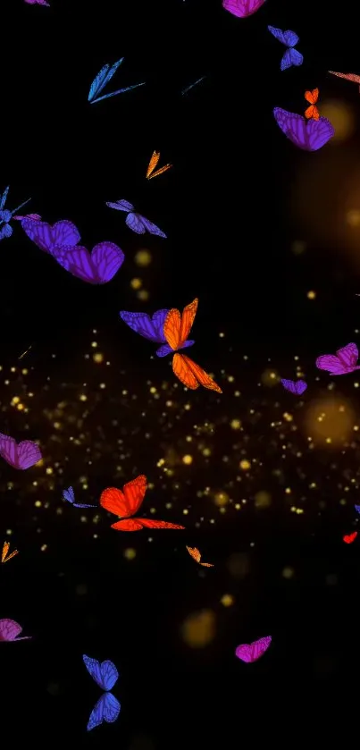 Vibrant galaxy of colorful butterflies on a black background with golden specks.