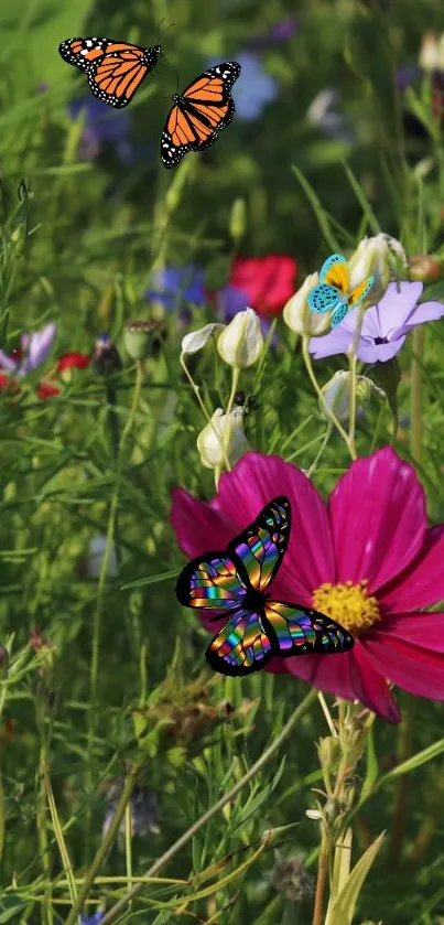 Vibrant butterflies and wildflowers on a green meadow background.