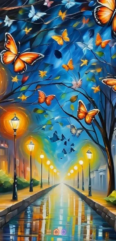 Vibrant butterflies flutter under glowing street lamps.