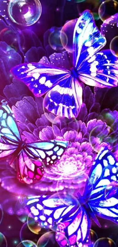 Vibrant butterflies with neon colors on a purple floral background with bubbles.