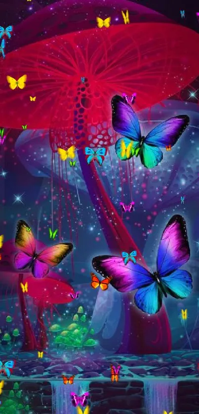 Vibrant butterflies in mystical neon forest with glowing mushrooms.