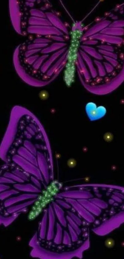 Purple butterflies with neon hearts on black background wallpaper.