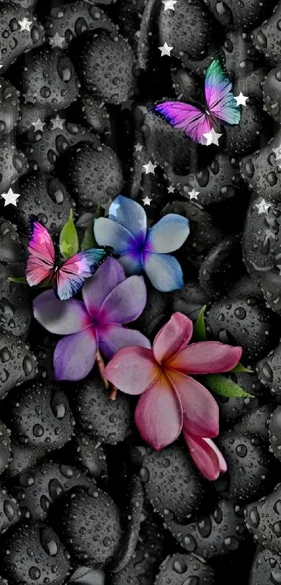 Colorful butterflies and flowers on black stones.