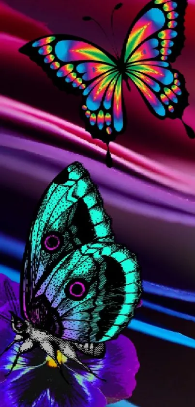 Vibrant butterflies flutter on colorful wave background.