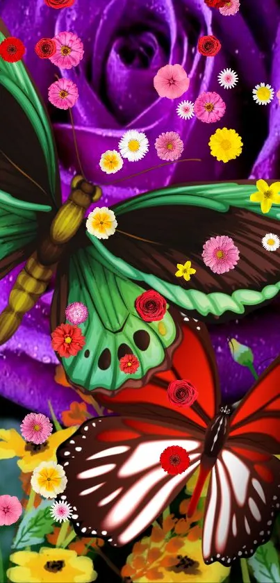 Vibrant butterflies on a colorful floral background, perfect for mobile wallpaper.