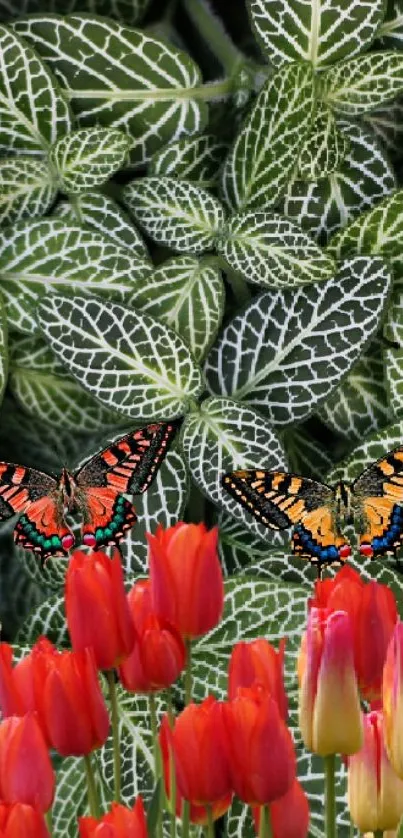 Butterflies resting on red flowers against lush green leaves.