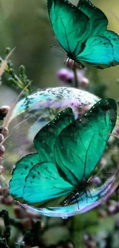 Emerald butterflies with lush greenery background in mobile wallpaper.