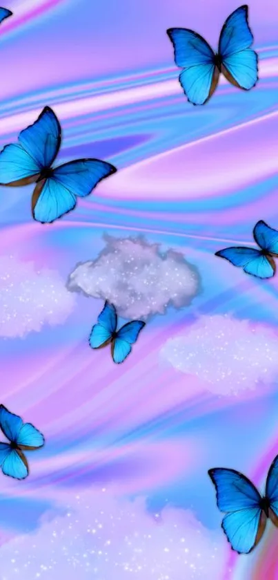 Vibrant blue butterflies on a pastel cloud background.