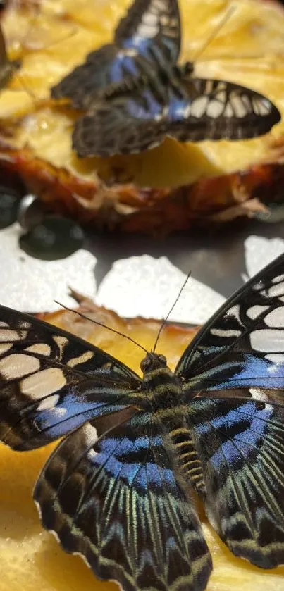 Two vibrant butterflies on a pineapple slice in vivid colors.