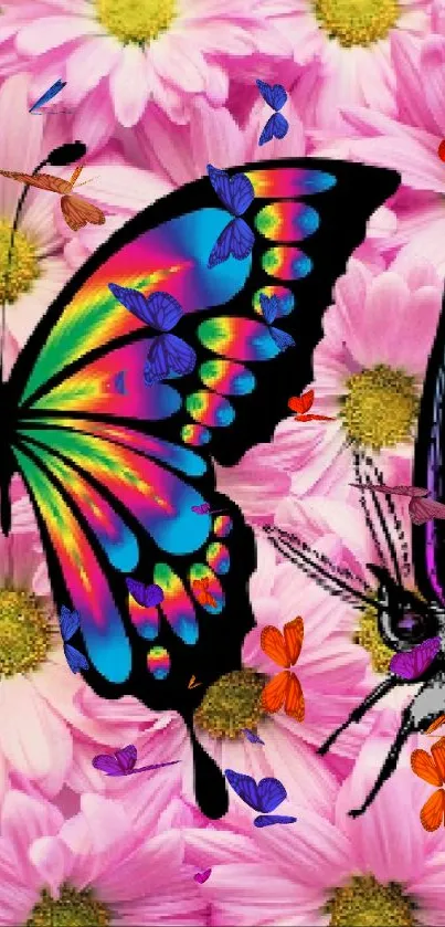 Colorful butterflies on pink flowers wallpaper.