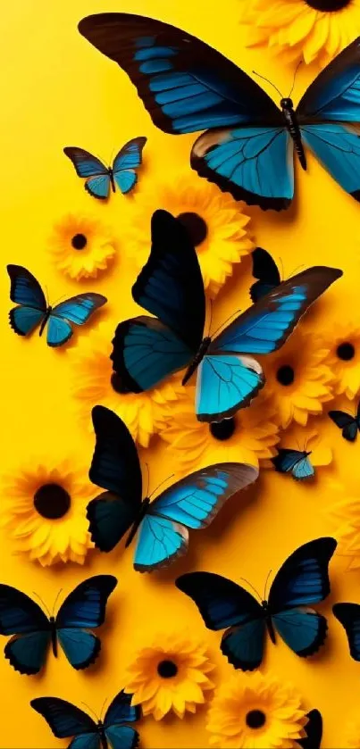 Blue butterflies on yellow sunflower background wallpaper.