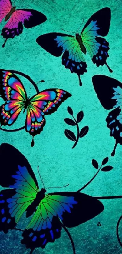 Vibrant butterflies on a teal textured background wallpaper.