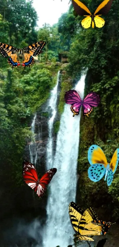 Vibrant butterflies flit by a serene waterfall amidst lush greenery.