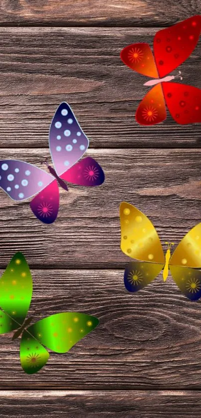 Colorful butterflies on rustic wooden background wallpaper.