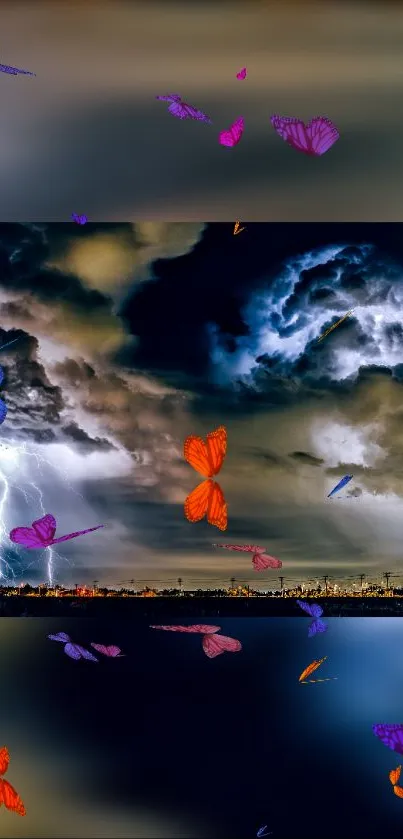 Colorful butterflies hover over dramatic lightning in a stormy sky wallpaper.