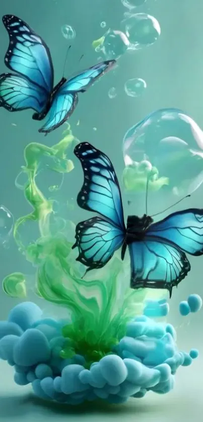 Blue butterflies dance in vibrant abstract art.
