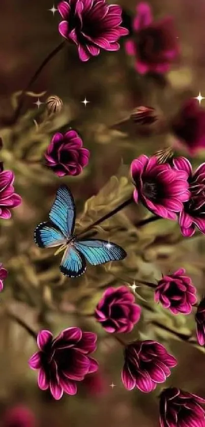 Blue butterfly on vibrant pink flowers.