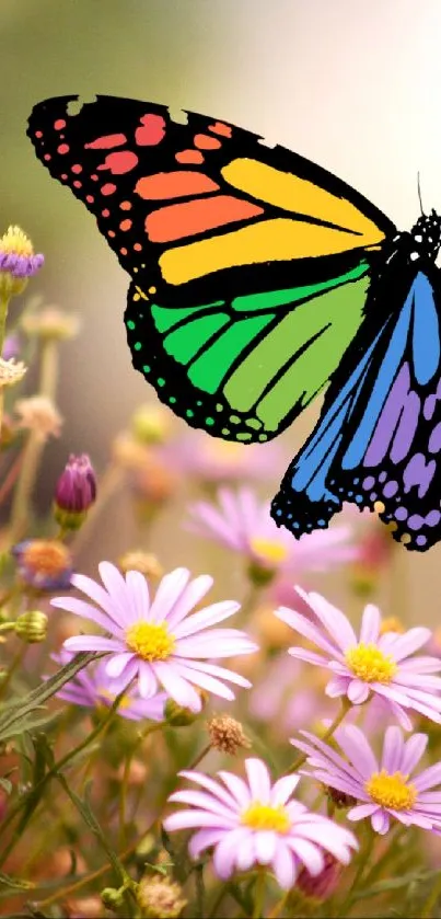 Colorful butterfly with pink flowers mobile wallpaper.