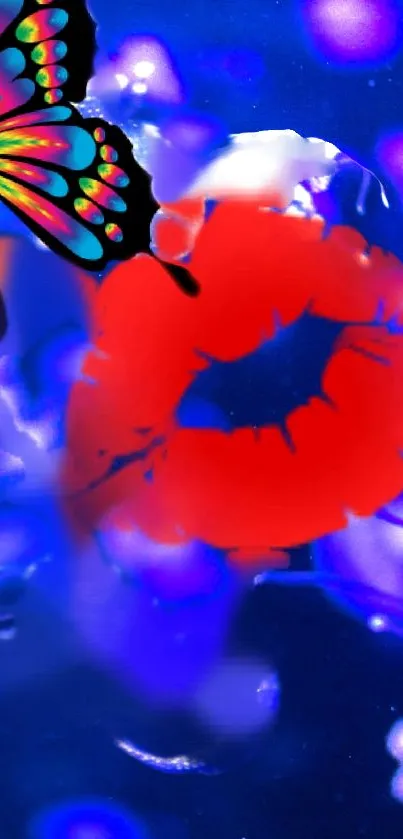 Vibrant butterfly and red lips on a blue abstract background mobile wallpaper.