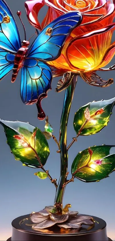 Glass butterfly on a glowing colorful rose with elegant leaves.