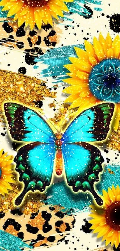 Vibrant wallpaper with a blue butterfly and sunflower design.