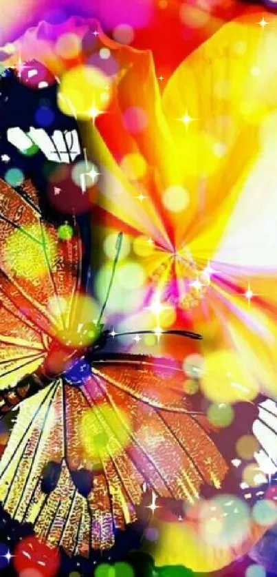 Vibrant abstract wallpaper with a butterfly and colorful bokeh lights.