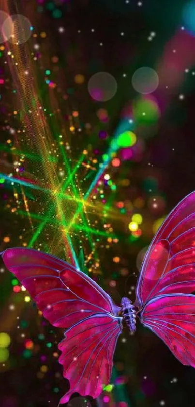 Vibrant pink butterfly on a neon abstract background.