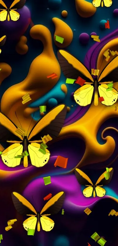 Vivid yellow butterflies on a colorful abstract background.