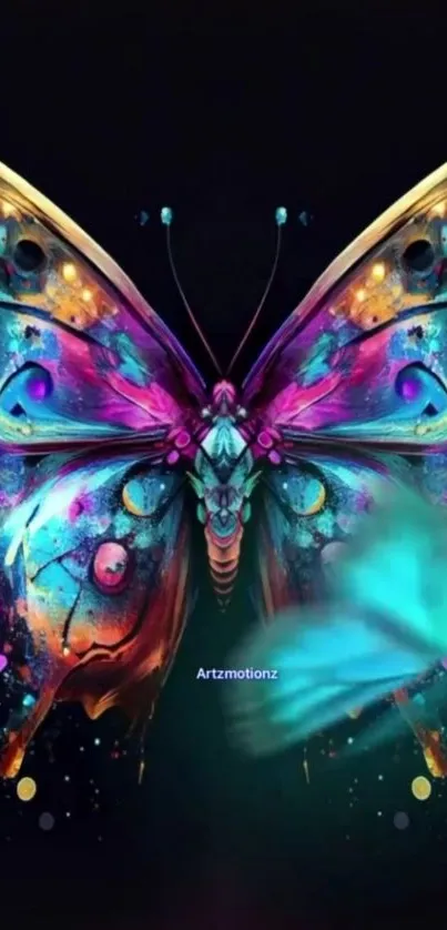 Vibrant abstract butterfly art with colorful patterns on black background.